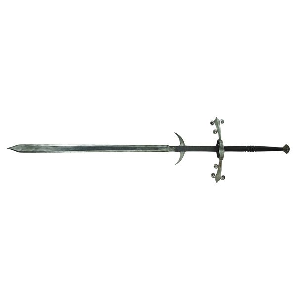GERMAN TWO-HANDED SWORD: Double edged blade, downward curved guard and cross guard, ring guard with lily decoration, late 16th/early 17th c.; Illegibly marked; 71"; Note: A similar piece sold at Hermann Historica, 2005
