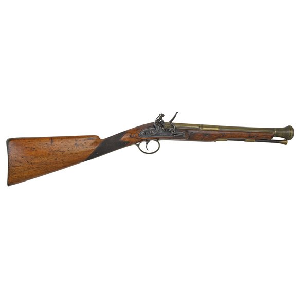 ENGLISH BLUNDERBUSS: Brass barrel, oak stock and iron lock with a rare safety mechanism, early 19th c.; Barrel and lock marked W. Bond, barrel with English proof marks; 28"