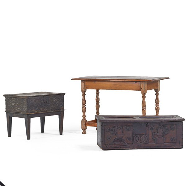 EARLY ENGLISH FURNITURE: Bible box and blanket chest in oak with hall table in mixed woods, 17th/18th c; Larger: 27" x 42" x 23 1/2"; Provenance: Estate of George Gallup, Princeton, New Jersey