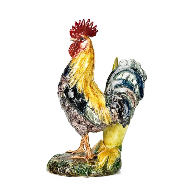 MAJOLICA DELPHIN MASSIER ROOSTER VASE: Standing next to a corn stalk, early 20th c.; Signed; 13 1/2"