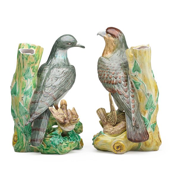 PAIR OF ENGLISH ROYAL WORCESTER SPILL VASES: Bird decoration, 19th c.; Impressed factory and registry marks; 9 3/4"