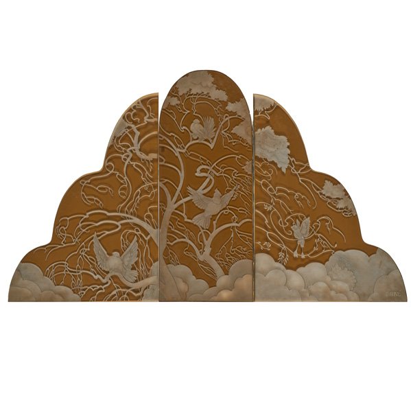 DENNIS ABBE ART DECO REVIVAL GLASS PANELS: Three in black glass with acid-etched Art Deco bird and foliate design, late 20th c.; Signed Abbe; 50" x 46 5/8" (overall, irregular)