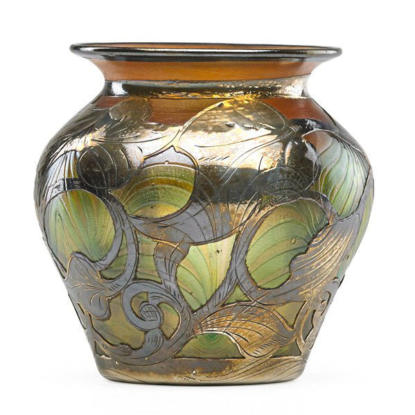 LOETZ: Glass bowl with feathered design beneath silver foliate overlay, early 20th c.; Vase marked Loetz Austria, overlay marked 999/1000 Fine; 5 1/4"