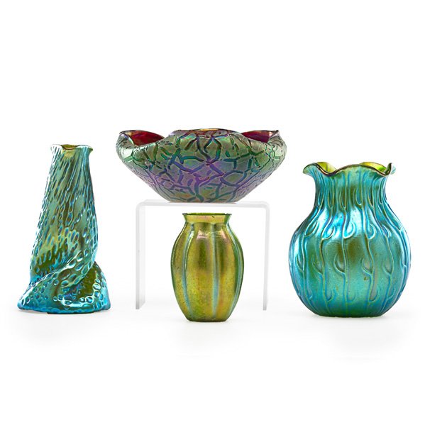 LOETZ (Attr.): Three iridescent glass vases and a low bowl, 20th c.; Unmarked; Tallest: 7 3/4"