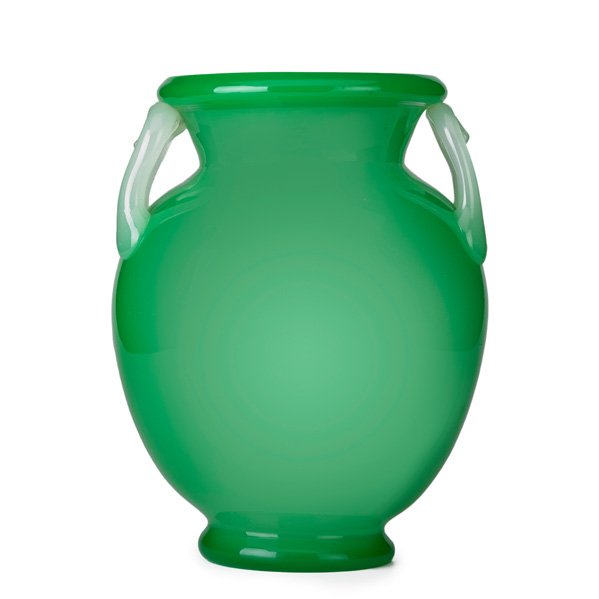 STEUBEN (Attr.): Jade green vase with alabaster handles, early 20th c.; 12"