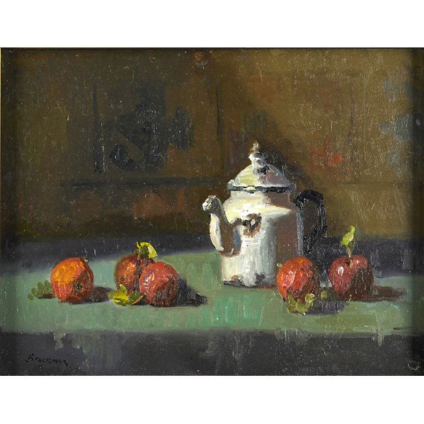 ROBERT BRACKMAN (American, 1898-1980): Oil on masonite of a teapot with apples (framed); Signed; 11 3/4" x 15 7/8" Artist: Brackman, Robert