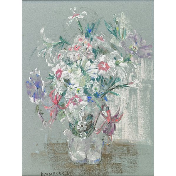 PAULETTE VAN ROEKENS (American, 1896-1988): Pastel on paper of a floral arrangement (framed); Signed; Newman & Saunders Galleries Wayne, Pennsylvania label to verso; 15 3/4” x 11 3/4” Artist: Roekens, Paulette Van