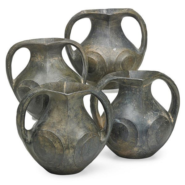 CHINESE EARTHENWARE JARS: Four, all double handled with black glaze, Han Dynasty; All: 6 3/4"
