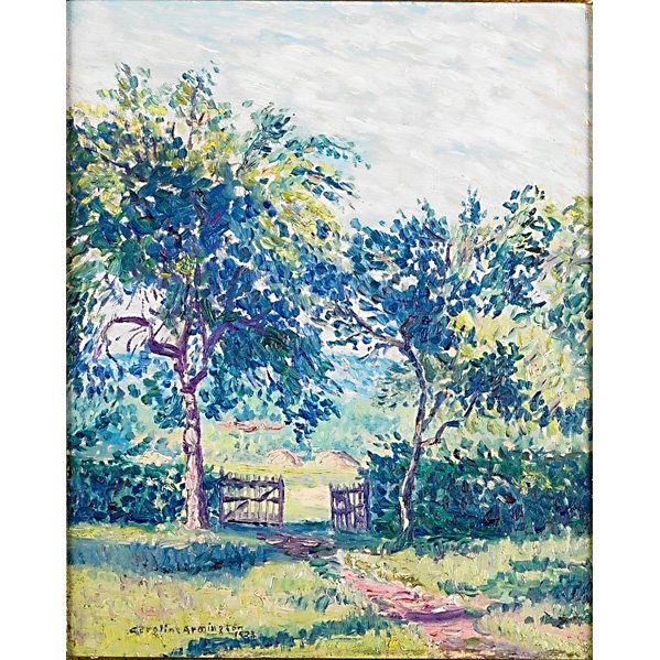 CAROLINE HELENA ARMINGTON (Canadian, 1875-1939): Oil on panel, “L'Entrie du Verger à Bizy,” 1923 (framed); Signed and dated; 10 3/4” x 8 1/2” Artist: Armington, Caroline Helena