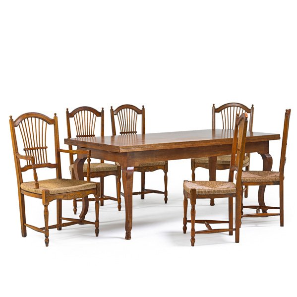 REFECTORY DINING TABLE AND CHAIRS: All in fruitwood, with four side chairs and two arm, 20th c.; Table: 31" x 72" x 36"