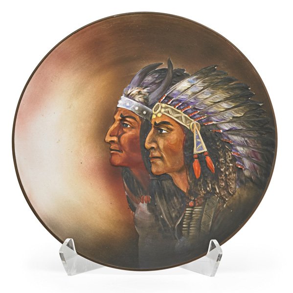 JAPANESE NIPPON BLOWN OUT INDIAN PLATE: Double image of Native American chiefs, early 20th c.; Green mark; 10 1/2"