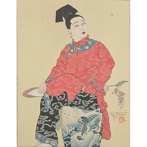 PAUL JACOULET (French, 1902-1960): Pair of woodblock prints on paper (framed): "Le Tabouret de Porcelaine Mandochoukuo" and "L'Homme Accroupi Chinois"; Both signed and titled with carvers seal to lower right margin; Each: 16 1/2" x 12 