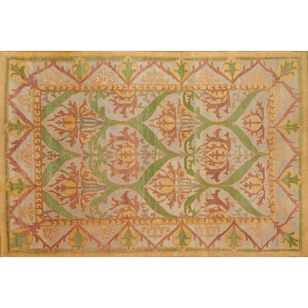 STYLE OF WILLIAM MORRIS: Contemporary room-size area rug with yellow, green, and burgundy botanical designs, ca. 1990.; Wool; Unmarked; 71" x 107"