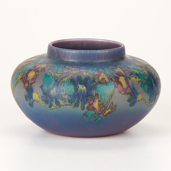 LOUISE ABEL; ROOKWOOD: Vellum bowl with floral decoration, Cincinnati, OH, 1923; Glazed earthenware; Flame mark, XXIII, artist's cipher; 4 1/2" x 7" dia.