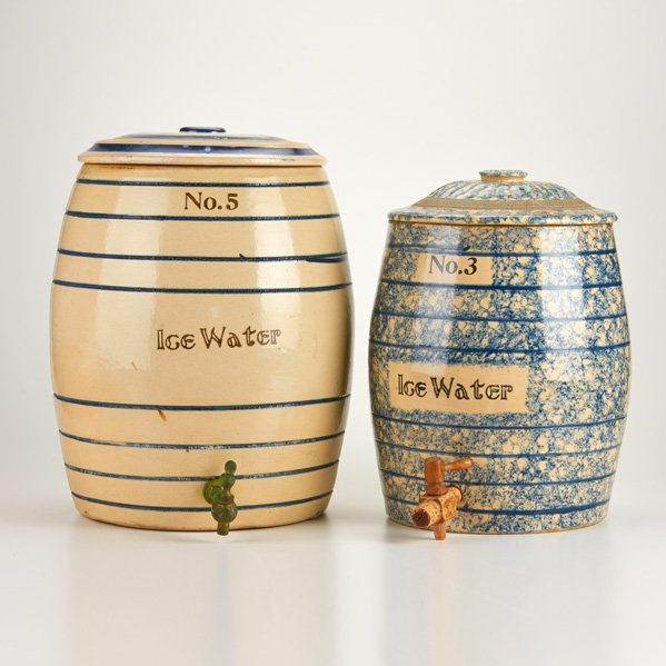 FULPER: Two sanitary water coolers, one sponge-decorated, Flemington, NJ, ca. 1910; Glazed earthenware; Signed "Fulper Pottery Co. / Flemington, NJ," No. 3 and No.5; Larger: 15 1/2 x 13" dia.