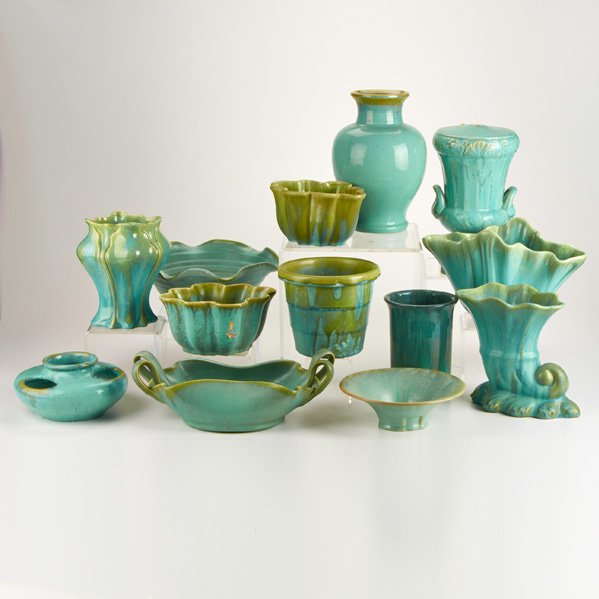 FULPER, ETC.: Thirteen pieces: eleven Fulper and two associated, including two planters, six vases, four bowls, lamp base, Flemington, NJ, late 1920s; Glazed earthenware; Most marked; Tallest: 9 3/4"