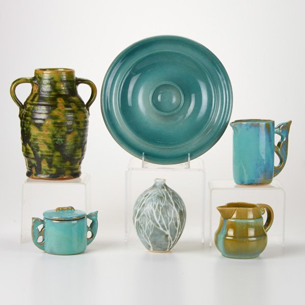 FULPER AND SHEARWATER, ETC.: Six pieces: Fulper pitcher and Colonial ware jar, Shearwater creamer and sugar, Russel Wright centerbowl and bud vase, USA, mid-20th c.; Glazed earthenware; All but one marked; Tallest: 8 3/4"