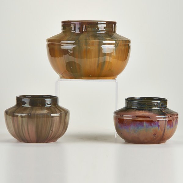 FULPER: Three shouldered jars, two with Art Deco designs, Flemington, NJ, ca. 1910-1916; Glazed earthenware; Two Prang marks, one rectangular ink mark; Largest: 9 1/2" dia.