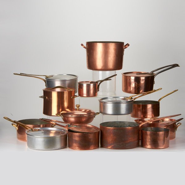 COPPER KITCHENWARE: Eleven pieces including saucepans and stockpots, most with lids, together with three aluminum covered saucepans, France, New York, early-mid-20th c.; Most marked; Largest: 5" x 9" dia.
