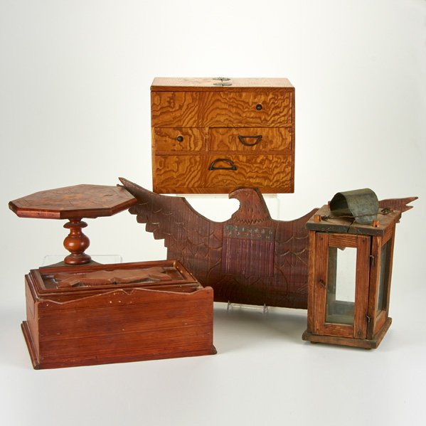 TRADITIONAL: Five wooden pieces, including tilt top miniature tea table, lap desk, and lantern, 19th-20th c.; Unmarked; Largest: 9 3/4" x 12 3/4" x 7"
