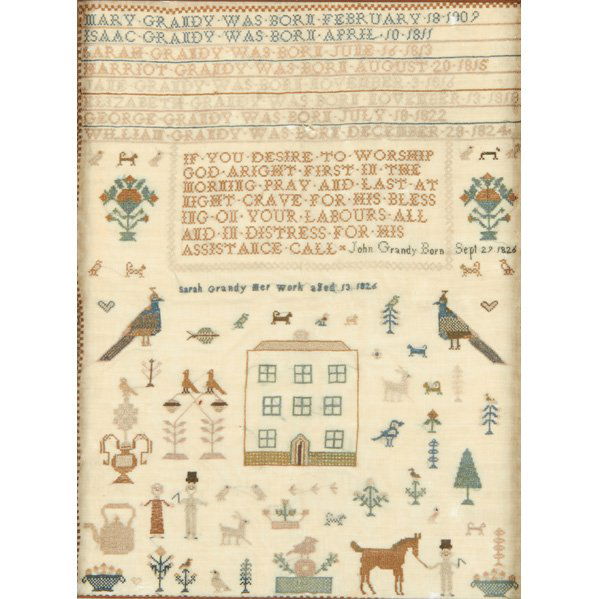 TWO NEEDLEWORK SAMPLERS, 19th C.: By Sarah Grandy, 1826 and Henrietta Russell, 1822 (both framed); Larger: 16 3/8" x 12 1/4" (sight)