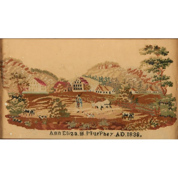 THREE NEEDLEWORK PICTURES, 19th C.: Landscape by Ann Marie H. Murphy, 1838; Embroidered basket of flowers, unsigned; Embroidered woman in Empire style clothing with sequins, beads and watercolor, unsigned (all framed); Largest: 18 3/4"