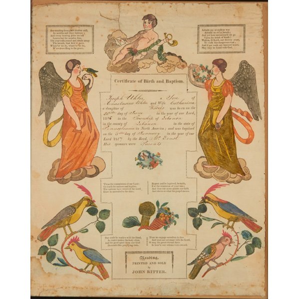 FRAKTURS, ETC., 19th C.: Printed birth certificate, 1817; Handpainted birth register, 1842; Together with print of young woman with farming tools after François Boucher, printed by Rapilly, Paris (all framed); Largest: 16 1/