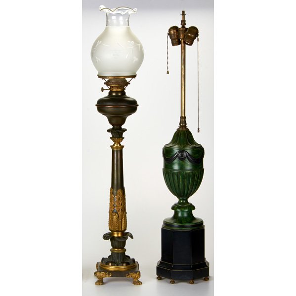 TRADITIONAL LIGHTING: Two table lamps: Victorian banquet lamp (oil with original fittings) and baluster-shaped table lamp, USA, 19th/20th c.; Glass, mixed metal, wood; All unmarked; Tallest: 36"
