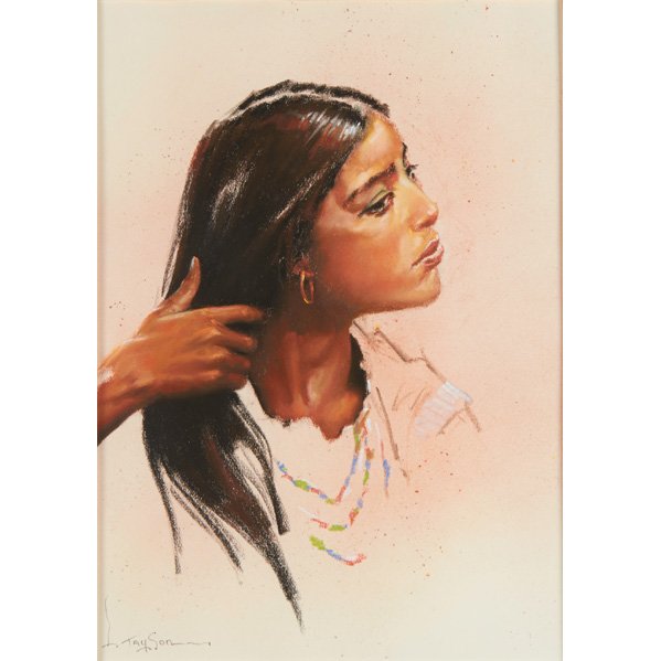 LYLE TAYSON, SR (American, b. 1924): Pastel portrait of a young Indian woman (framed), signed; 25 1/2" x 19 5/8" (sheet); Together with R. C. Gorman (American, 1932-2005), offset lithograph of seated Indian woman (framed), 17 3/4" x 23 3