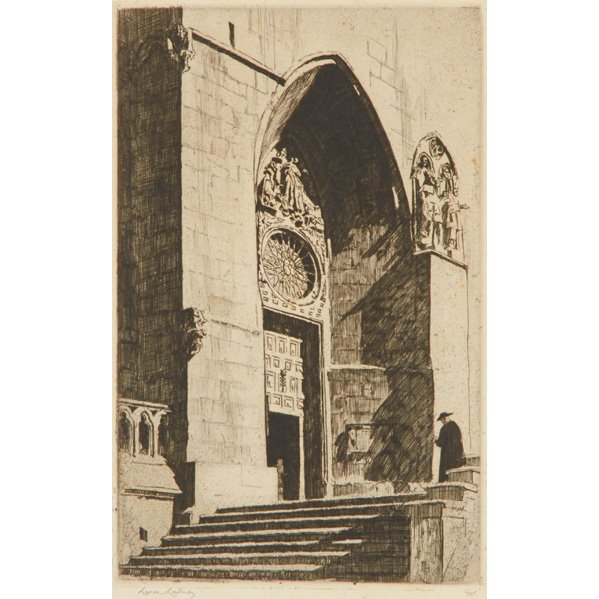 FIVE PRINTS, LATE 19th/EARLY 20th C.: Lionel Arthur Lindsay (Australian, 1874-1961), etching, "A Doorway, Burgas Cathedral", signed and titled; Charles Frederick (William) Mielatz (American, 1864-1919), etching of Dewey Triumphal Arch, Ne