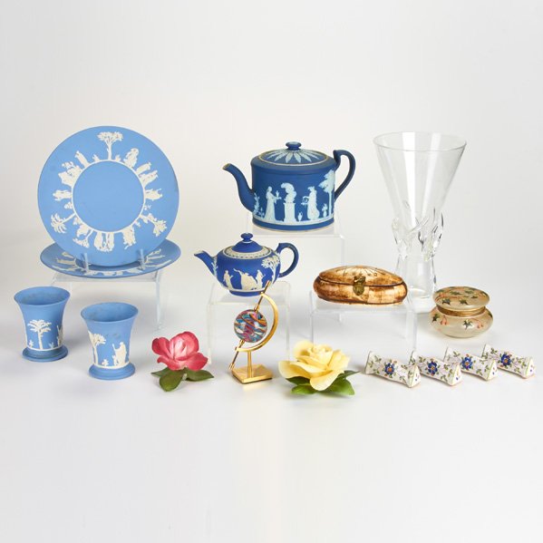 WEDGWOOD, BOEHM, ETC.: Sixteen pieces including six jasperware, two Boehm porcelain roses, Steuben vase, assorted porcelain and glass; 20th c.; Some marked; Tallest: 11 1/2"