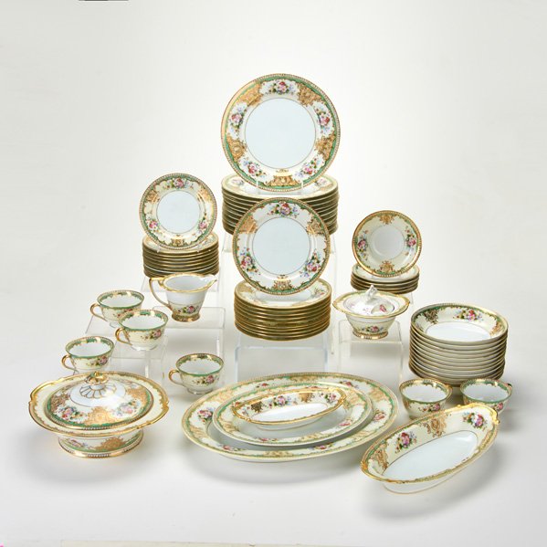 NORITAKE: Partial "Sabina" dinnerware service for ten, sixty-four pieces: twelve dinner plates, twelve soup bowls, eleven bread plates, eleven salad plates, six teacups and saucers, serving bowl, lidded sugar b