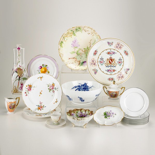 PORCELAIN GROUP: Twenty pieces, 19th/20th c. including two Meissen floral decorated plates, Royal Copenhagen blue and white serving bowl, hand painted Nippon footed bowl, etc.; Most marked; Tallest: 12"