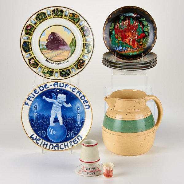 COLLECTOR PLATES; ROSEVILLE; ETC.: Ten pieces including: set of five "Russian Legends" collector's plates with original Cyrillic texts, 1988-1989; German Christmas plate; Roseville creamware pitcher, etc. , 20th c.; Glazed earthenware;