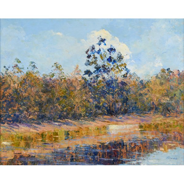 NINA ZBANDUTO (Russian, 1894-1988): Oil on masonite; "Water's Edge Landscape" (framed); Signed: 16" x 19 7/8"