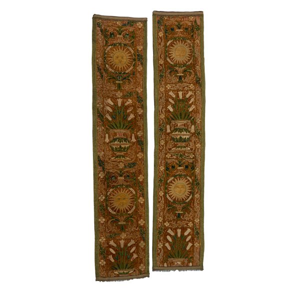 TEXTILES: Pair of Art Nouveau wall hangings with celestial motifs, matching vest and shorts ensemble, and Judy Hirsch vest with floral embroidery, 20th c.; Velvet, silk, cotton, brass; One fabric label; Wall ha