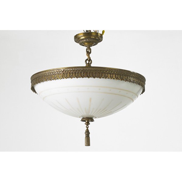 TRADITIONAL LIGHTING: Four ceiling mounted fixtures, three matching bowl shaped glass and metal frames, one Regency style, electrified, 20th c.; Largest: 12" x 18"
