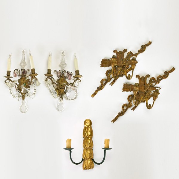 WALL SCONCES: Five pieces bronze with clear and amethyst drops, three gilt wood, 20th c.; Unmarked; Tallest: 15"