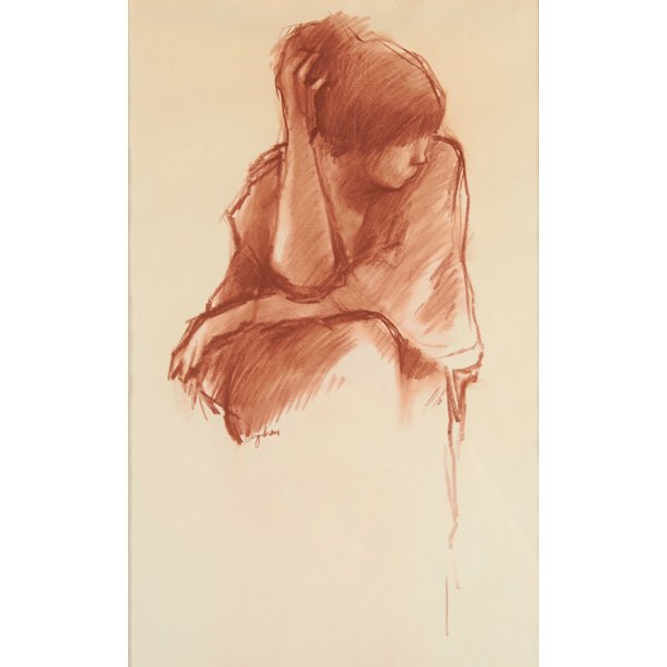 RICHARD SEGALMAN (American, b.1934): Conte crayon on paper; "Woman Fixing Hair" (framed); Signed: 25" x 17 3/4" (sheet)
