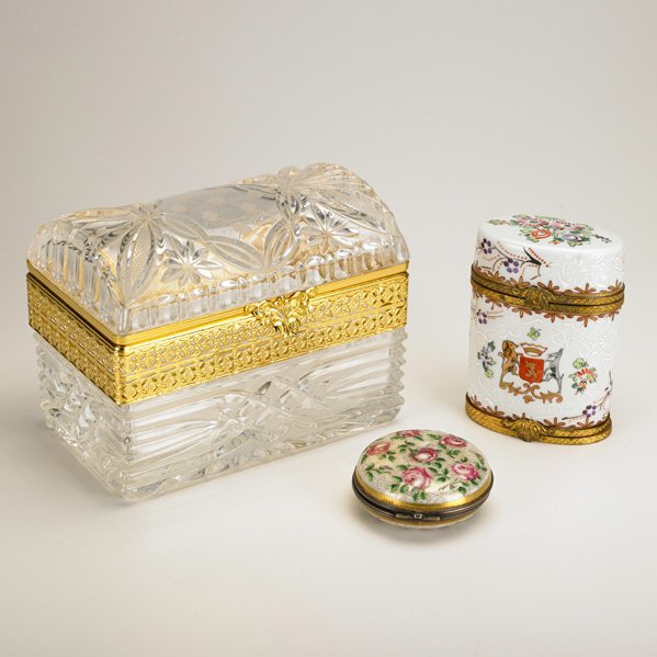 DECORATIVE BOXES: Samson snuff box, Feuillet snuff box, and glass jewelry box, France, 19th-20th c.; Porcelain, glass, gilded metal; Two marked; Tallest: 5 1/2"