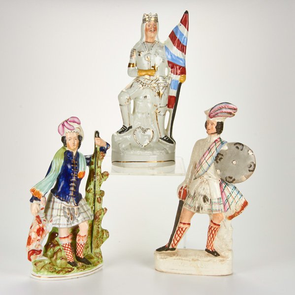 STAFFORDSHIRE: Three figures, England, 19th c.: depictions of William Wallace, a French monarch, and a Highland shepherd; Unmarked; Tallest: 16 1/2"