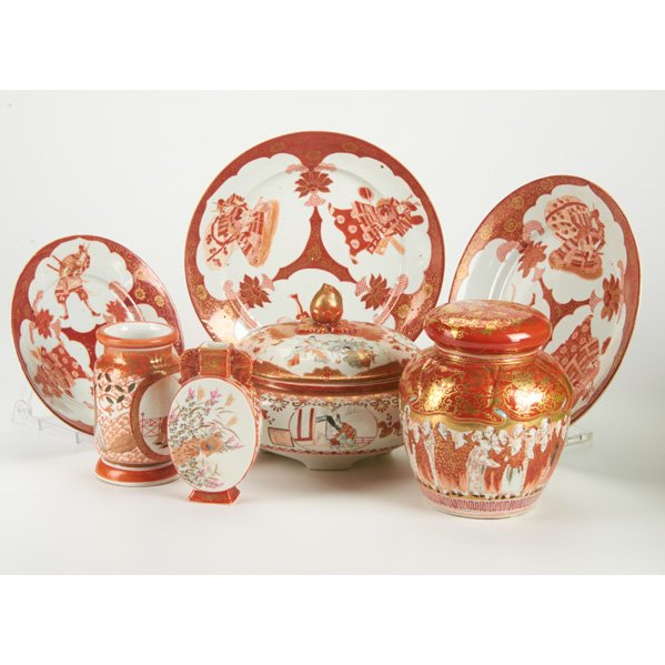 KUTANI: Seven porcelain pieces including covered dish, cylindrical vase, bud vase, covered ginger jar, etc.; Marked; Covered dish: 5 1/2" x 9"