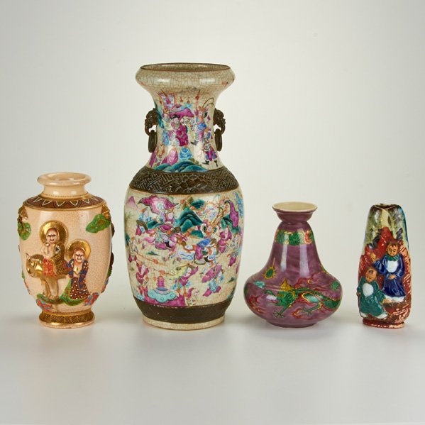 ASIAN VASES: Four, 20th c.; Glazed earthenware, one with bronze mounts; Some marked; Tallest: 17 1/2"
