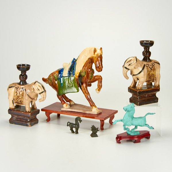 ASIAN: Six figures including pair of elephant incense burners, two bronze miniatures, verdigris horse, etc., 19th/20th c.; Glazed earthenware, bronze, wood stands; Unmarked, Tallest (with stand): 15"