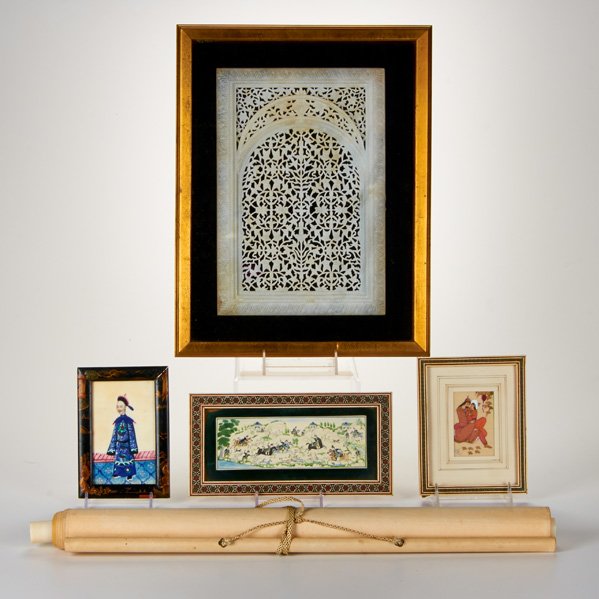 ASIAN DECORATIVE: Five pieces: hanging scroll, framed alabaster decorative carving, painting on ivory of embracing couple, painting of man in Asian-style dress, and painting of a hunting scene, 19th/20th c; Wood, fabri