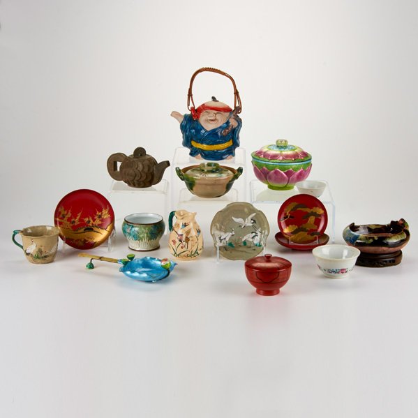 ASIAN: Group lot of sixteen pieces, mostly holloware, 19th/20th c.; Glazed earthenware, metal, wood; Most unmarked; Tallest (with handle): 8 3/4"
