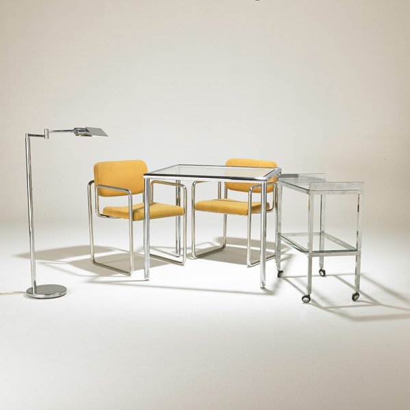 DESIGNER: Breakfast table, two chairs, floor lamp, and bar cart, USA, 1960s; Chromed steel, glass, upholstery; Lamp: 42" x 21" x 9"; Bar cart: 30" x 26" x 14"