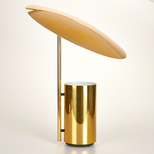 GEORGE NELSON; KOCH & LOWY: Half-Nelson table lamp, USA, 1960s; Enameled aluminum, chromed steel; Unmarked; 18" x 15 1/4" dia.
