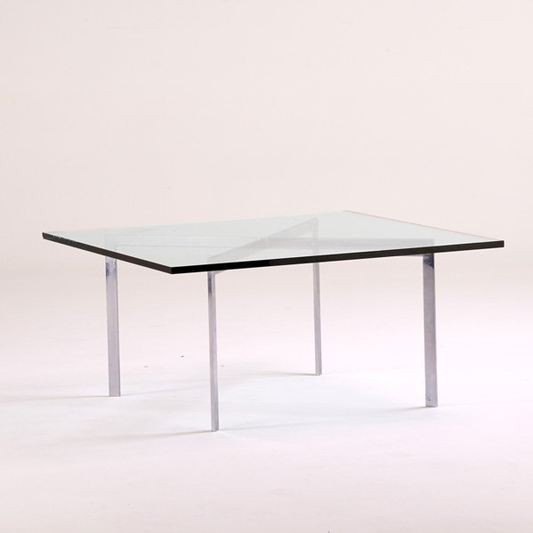 LUDWIG MIES VAN DER ROHE; KNOLL INTERNATIONAL: Barcelona coffee table, New York, 1970s; Stainless steel, glass; Unmarked; 18 1/2" x 38" sq.
