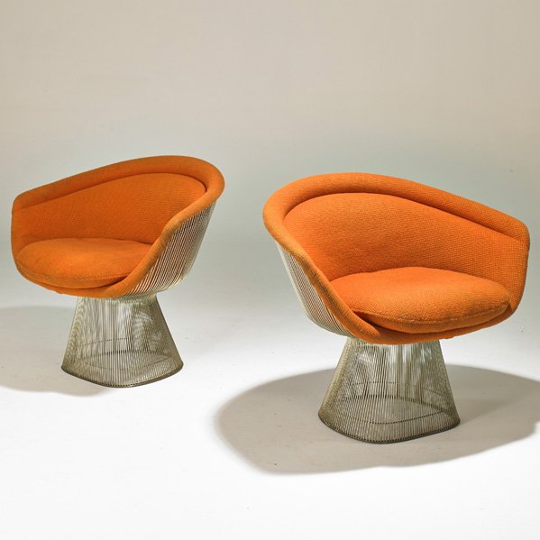WARREN PLATNER; KNOLL ASSOCIATES: Pair of lounge chairs, USA, 1950s; Chrome-plated steel, wool upholstery; Unmarked; 30 1/2" x 36" x 26"